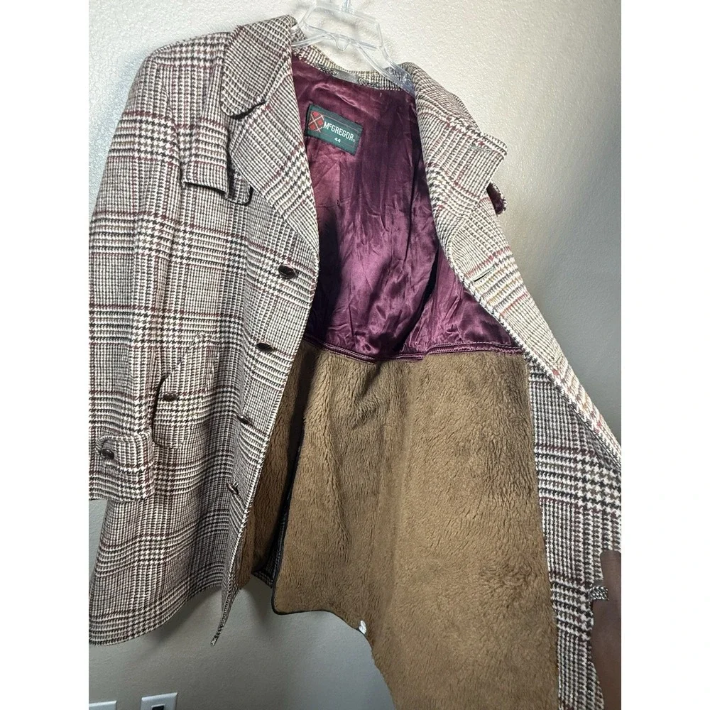 Vtg McGregor Men's Plaid Overcoat Sz 44 Glen Check‎ Wool Blend Belted Peacoat